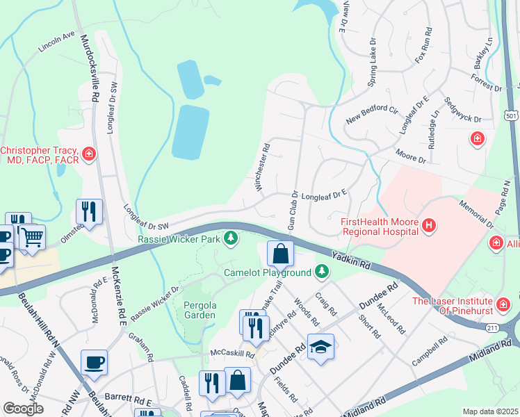 map of restaurants, bars, coffee shops, grocery stores, and more near 2 Red Cedar Lane in Pinehurst