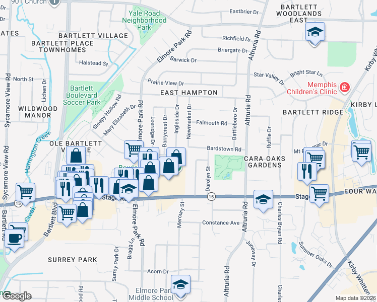 map of restaurants, bars, coffee shops, grocery stores, and more near 6307 Bardstown Road in Bartlett