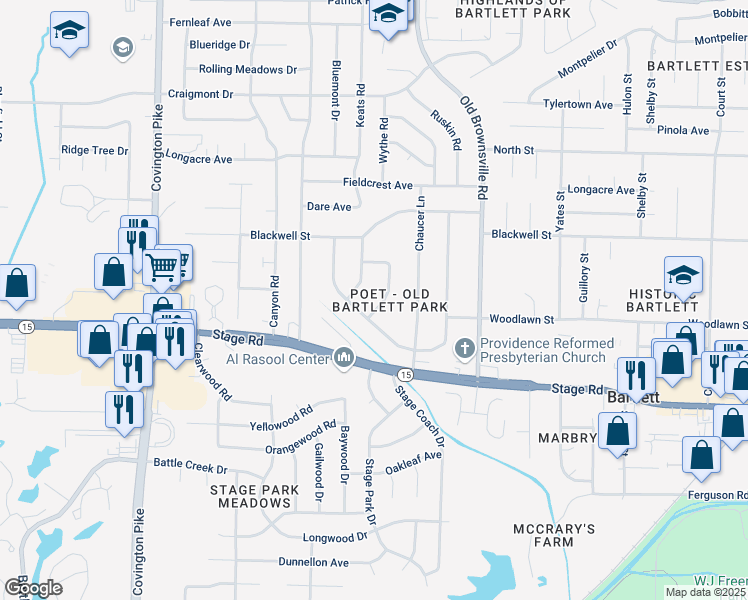 map of restaurants, bars, coffee shops, grocery stores, and more near 3024 Sienna Road in Bartlett