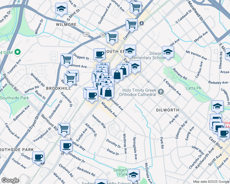 map of restaurants, bars, coffee shops, grocery stores, and more near in Charlotte