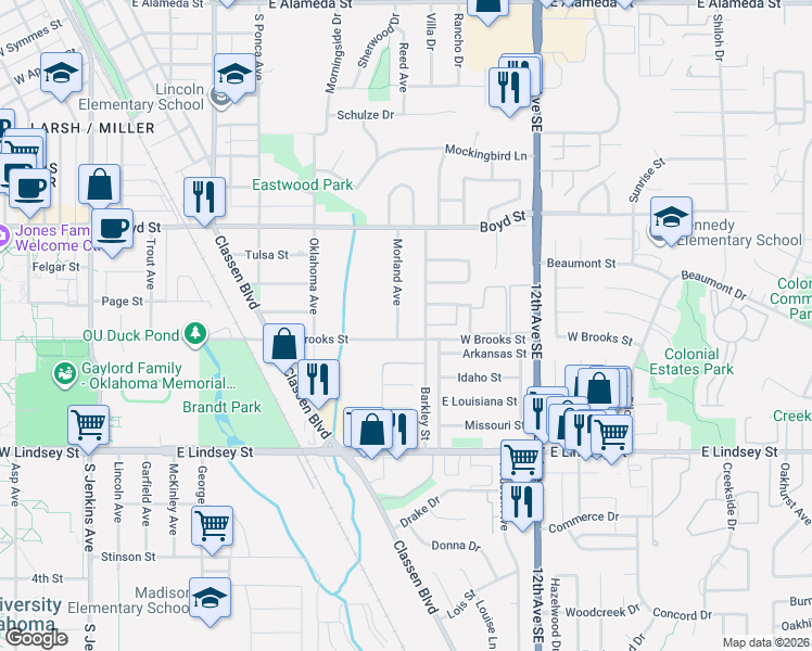 map of restaurants, bars, coffee shops, grocery stores, and more near 1518 Morland Avenue in Norman