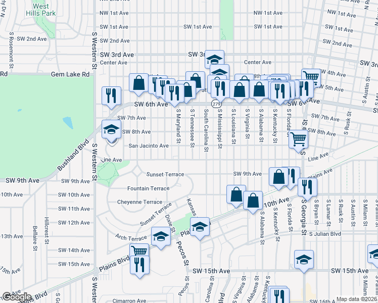 map of restaurants, bars, coffee shops, grocery stores, and more near 815 South Tennessee Street in Amarillo