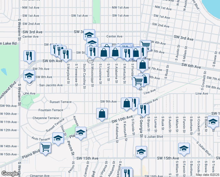 map of restaurants, bars, coffee shops, grocery stores, and more near 815 South Virginia Street in Amarillo