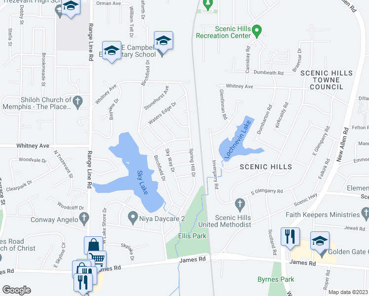 map of restaurants, bars, coffee shops, grocery stores, and more near 2890 Sky Ridge Drive in Memphis