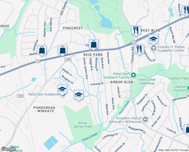map of restaurants, bars, coffee shops, grocery stores, and more near 3035 Ridge Avenue in Charlotte