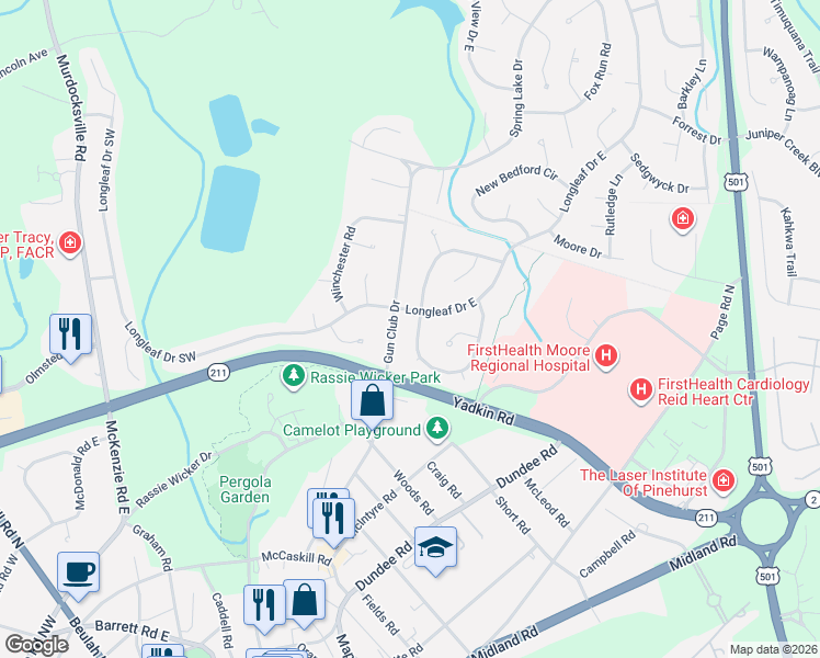 map of restaurants, bars, coffee shops, grocery stores, and more near 190 Wheeling Drive in Pinehurst