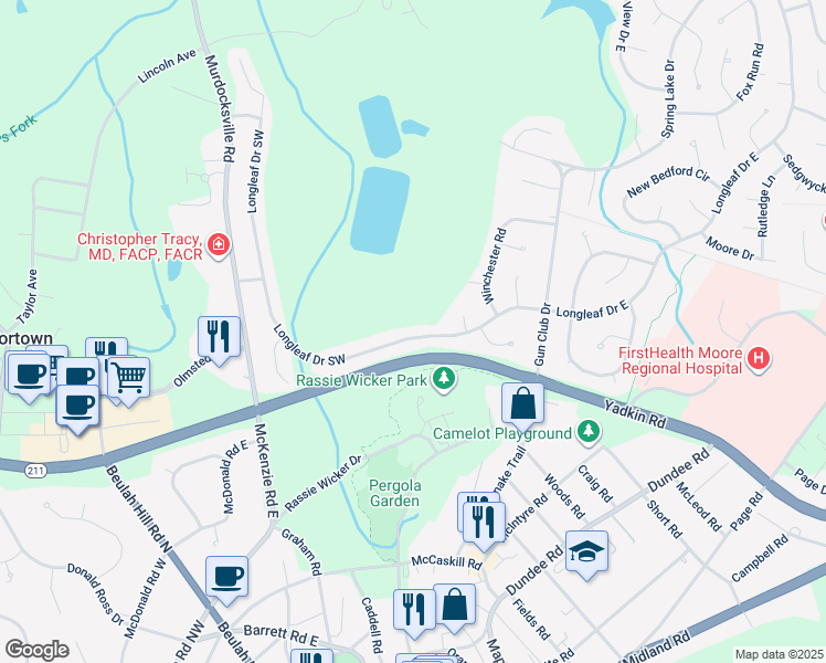 map of restaurants, bars, coffee shops, grocery stores, and more near 2150 Longleaf Drive Southwest in Pinehurst