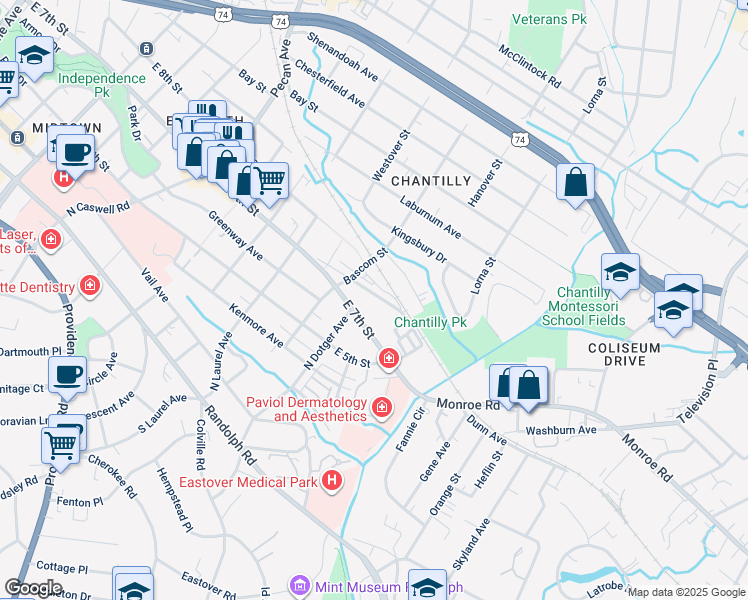 map of restaurants, bars, coffee shops, grocery stores, and more near 2512 Weddington Avenue in Charlotte