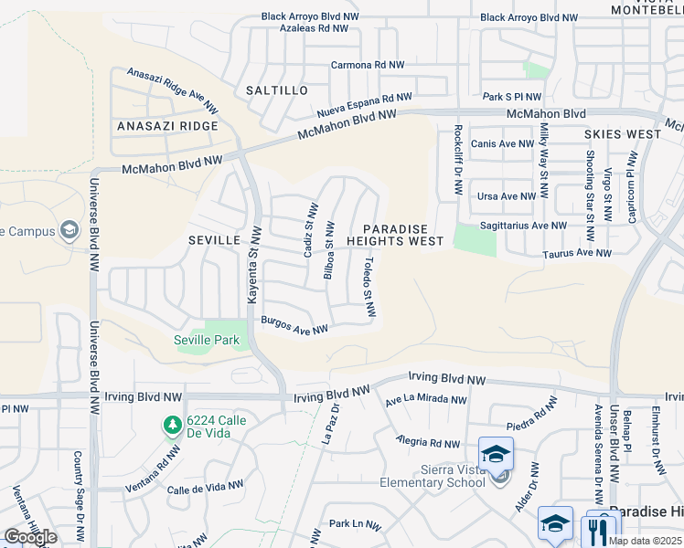 map of restaurants, bars, coffee shops, grocery stores, and more near 10449 Pamplona Street Northwest in Albuquerque