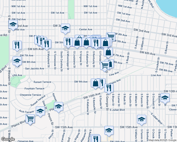 map of restaurants, bars, coffee shops, grocery stores, and more near 817 South Alabama Street in Amarillo