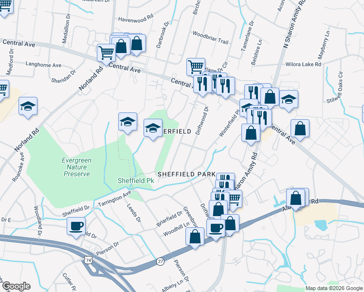 map of restaurants, bars, coffee shops, grocery stores, and more near 3626 Rosehaven Drive in Charlotte
