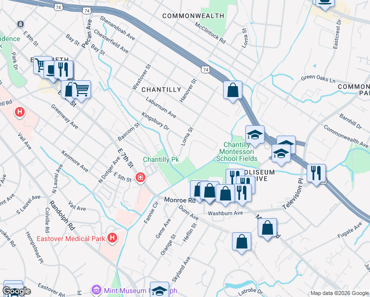 map of restaurants, bars, coffee shops, grocery stores, and more near 524 Lorna Street in Charlotte
