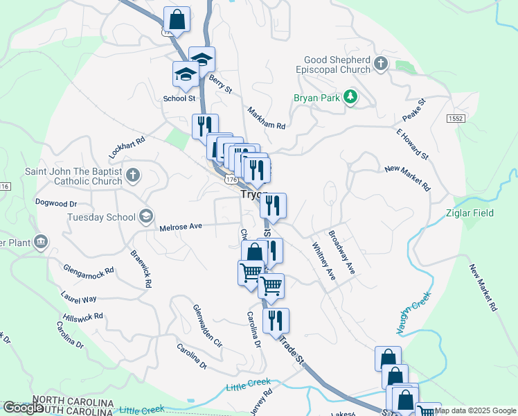 map of restaurants, bars, coffee shops, grocery stores, and more near Mc Cown St in Tryon