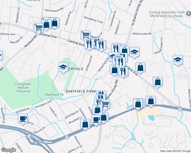map of restaurants, bars, coffee shops, grocery stores, and more near 3716 Winterfield Place in Charlotte