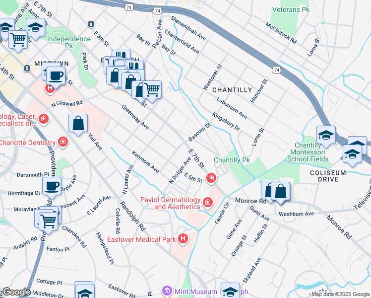 map of restaurants, bars, coffee shops, grocery stores, and more near 2408 East 7th Street in Charlotte