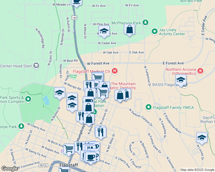 map of restaurants, bars, coffee shops, grocery stores, and more near 1824 South Thompson Street in Flagstaff