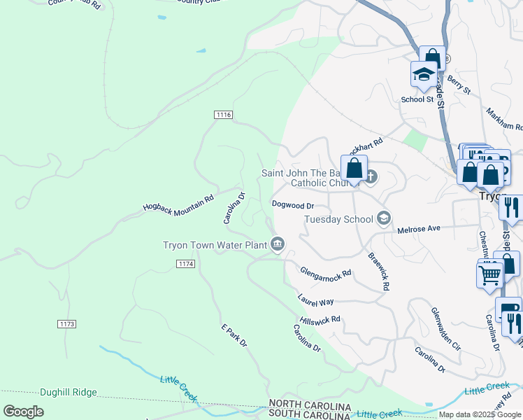 map of restaurants, bars, coffee shops, grocery stores, and more near 335 Overlook Circle in Tryon