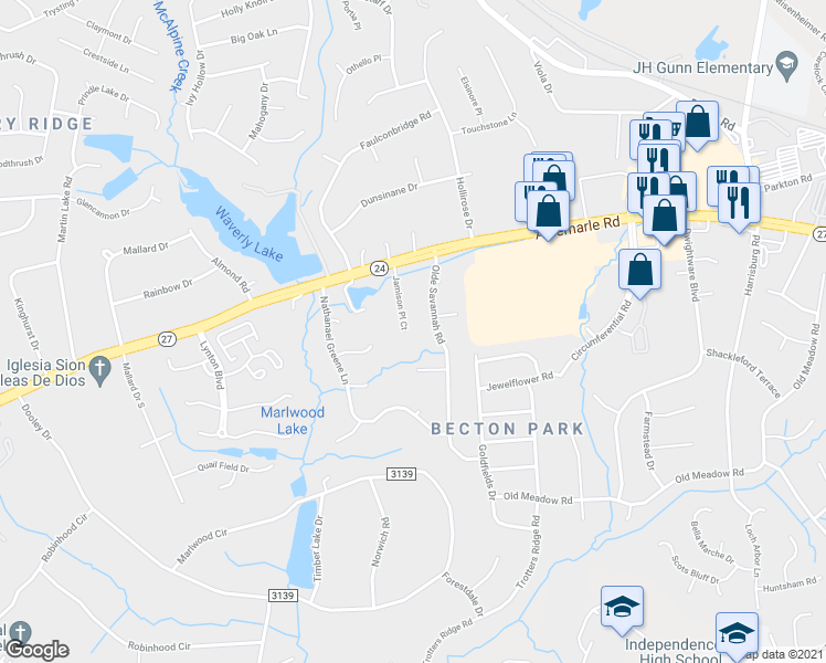 map of restaurants, bars, coffee shops, grocery stores, and more near 8131 Jamison Pl Ct in Charlotte