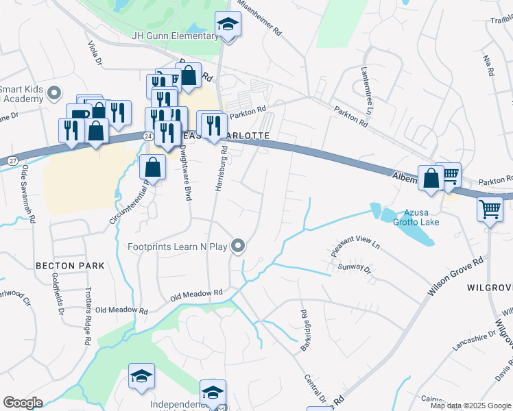 map of restaurants, bars, coffee shops, grocery stores, and more near 6605 Old Meadow Road in Charlotte