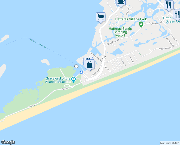 map of restaurants, bars, coffee shops, grocery stores, and more near 58848 Marina Way in Hatteras