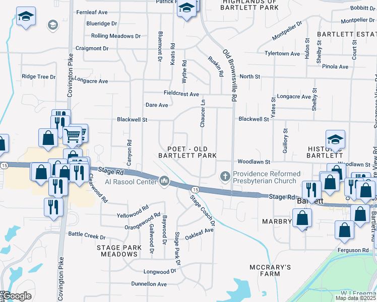 map of restaurants, bars, coffee shops, grocery stores, and more near 3024 Sienna Road in Bartlett