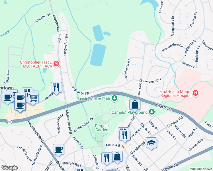 map of restaurants, bars, coffee shops, grocery stores, and more near 2150 Longleaf Drive Southwest in Pinehurst