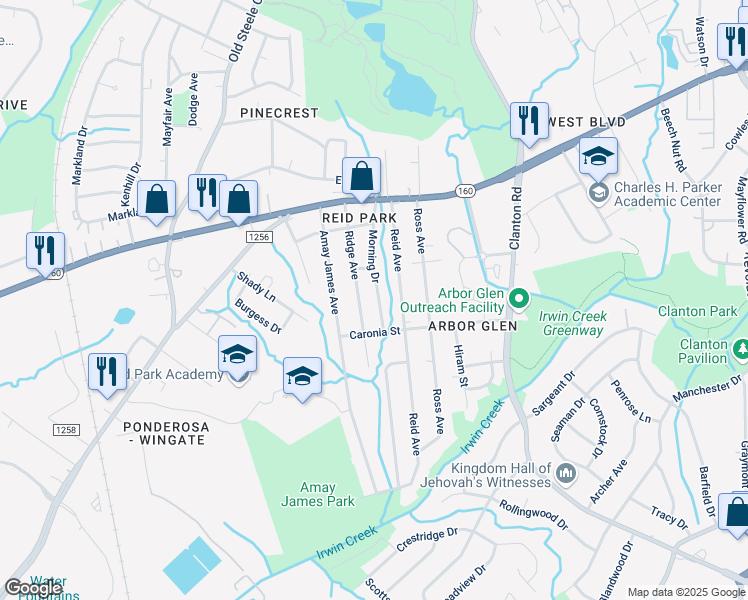 map of restaurants, bars, coffee shops, grocery stores, and more near 3028 Morning Drive in Charlotte
