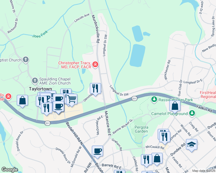 map of restaurants, bars, coffee shops, grocery stores, and more near 2385 Longleaf Drive Southwest in Pinehurst