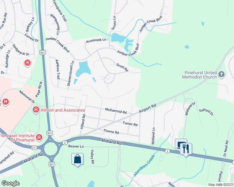 map of restaurants, bars, coffee shops, grocery stores, and more near 17 Sakonnet Trail in Pinehurst