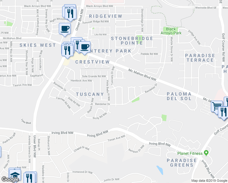 map of restaurants, bars, coffee shops, grocery stores, and more near 10535 Tuscany Drive Northwest in Albuquerque