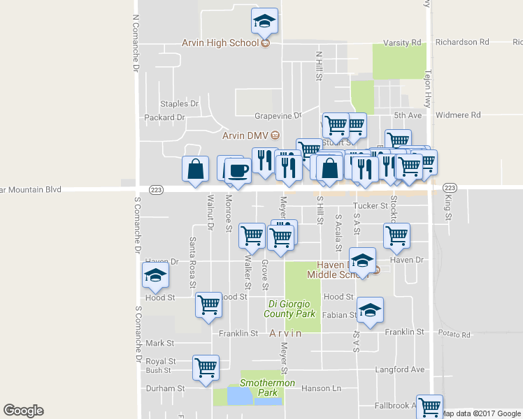 map of restaurants, bars, coffee shops, grocery stores, and more near 200 Morton Place in Arvin