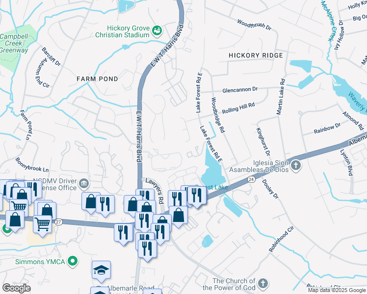 map of restaurants, bars, coffee shops, grocery stores, and more near 6000 Spanish Oak Road in Charlotte