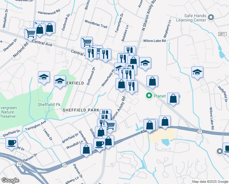 map of restaurants, bars, coffee shops, grocery stores, and more near 3533 Spanish Quarter Circle in Charlotte