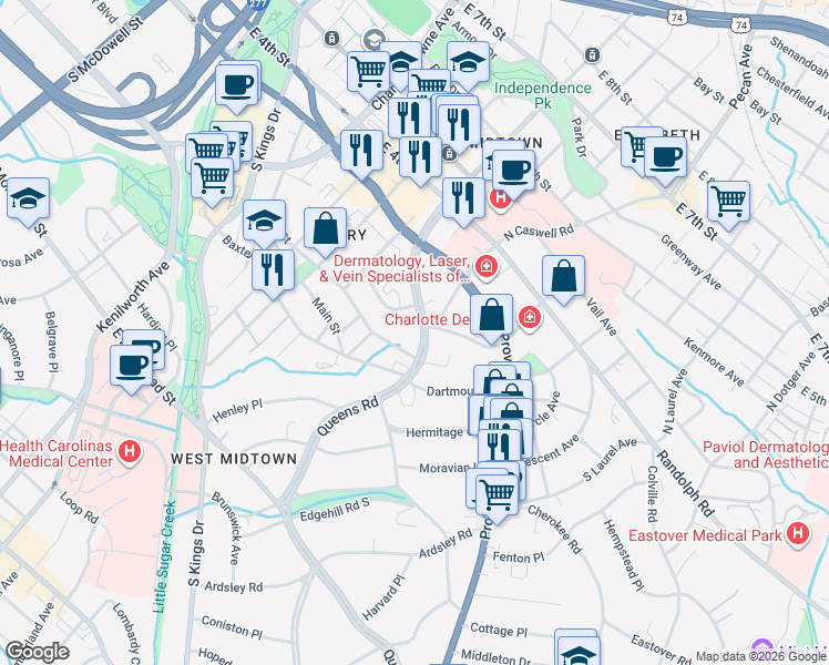 map of restaurants, bars, coffee shops, grocery stores, and more near in Charlotte