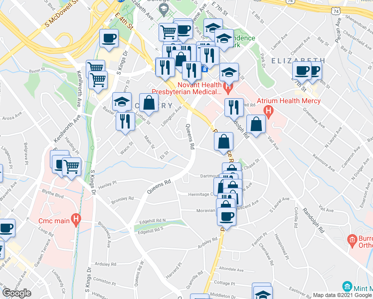 map of restaurants, bars, coffee shops, grocery stores, and more near 420 Queens Road in Charlotte