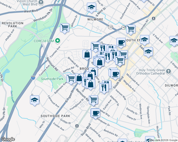 map of restaurants, bars, coffee shops, grocery stores, and more near in Charlotte
