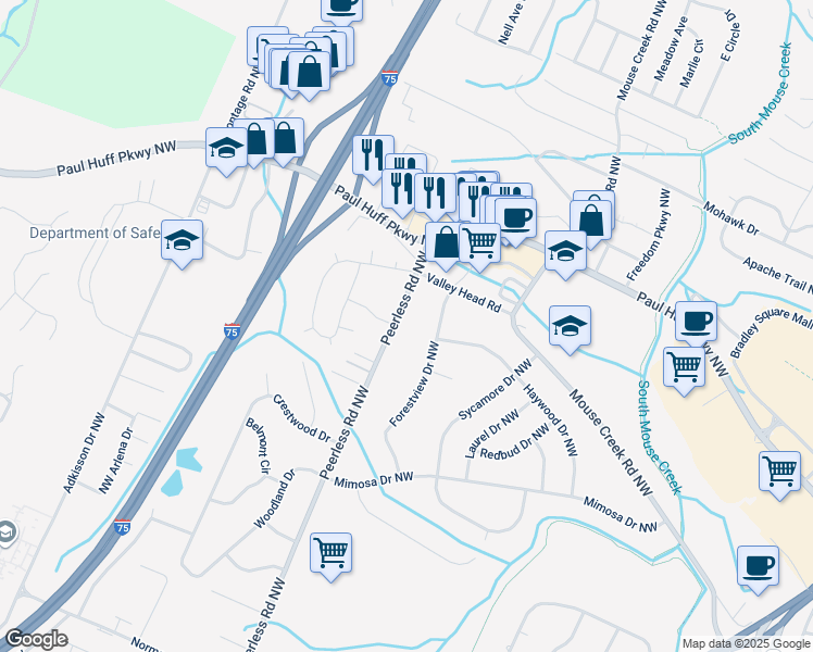 map of restaurants, bars, coffee shops, grocery stores, and more near 4120 Peerless Road Northwest in Cleveland
