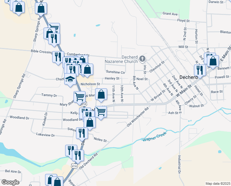 map of restaurants, bars, coffee shops, grocery stores, and more near 1108 West Market Street in Decherd
