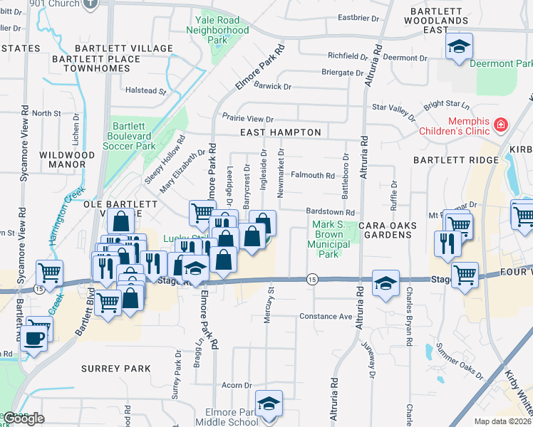 map of restaurants, bars, coffee shops, grocery stores, and more near 6307 Bardstown Road in Bartlett