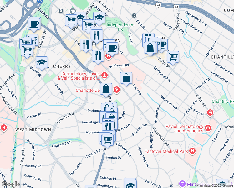 map of restaurants, bars, coffee shops, grocery stores, and more near 201 Providence Road in Charlotte
