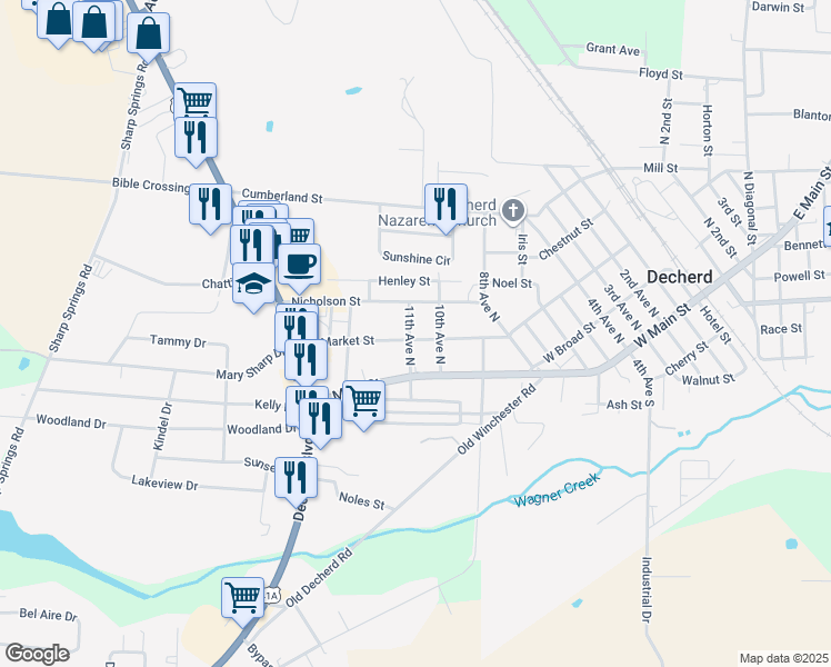 map of restaurants, bars, coffee shops, grocery stores, and more near 1108 W Market St in Decherd