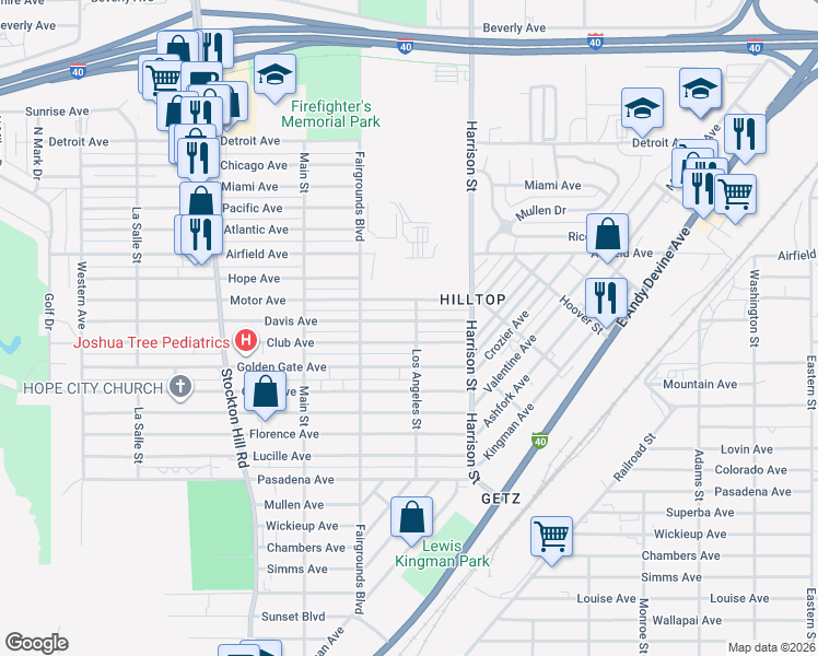 map of restaurants, bars, coffee shops, grocery stores, and more near 2148 Davis Avenue in Kingman