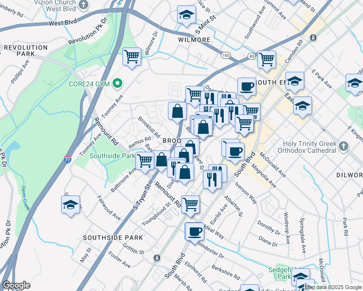 map of restaurants, bars, coffee shops, grocery stores, and more near in Charlotte