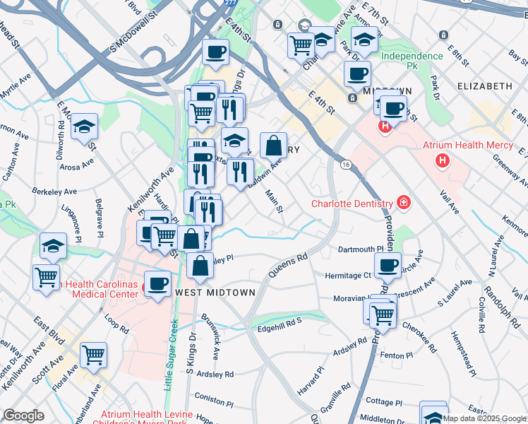 map of restaurants, bars, coffee shops, grocery stores, and more near 1727 Baxter Street in Charlotte