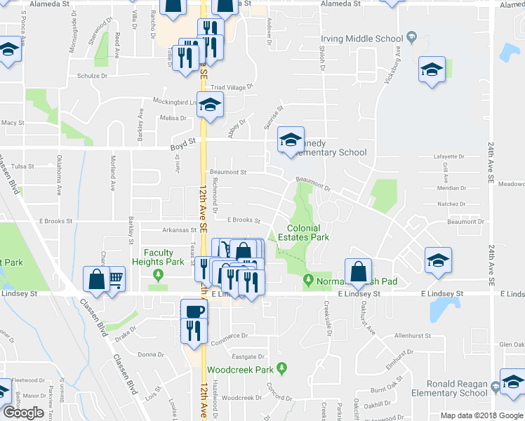 map of restaurants, bars, coffee shops, grocery stores, and more near 1324 Atlanta Circle in Norman