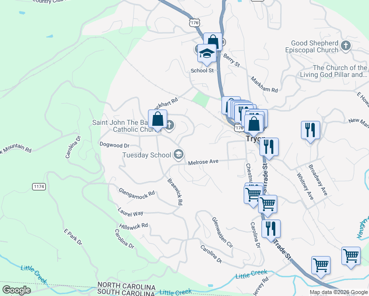 map of restaurants, bars, coffee shops, grocery stores, and more near 120 Laurel Avenue in Tryon