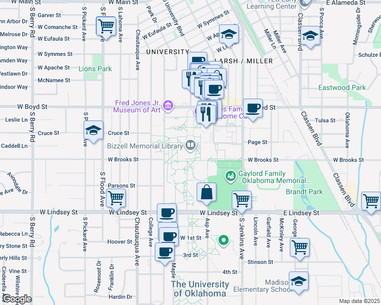 map of restaurants, bars, coffee shops, grocery stores, and more near 401 West Brooks Street in Norman