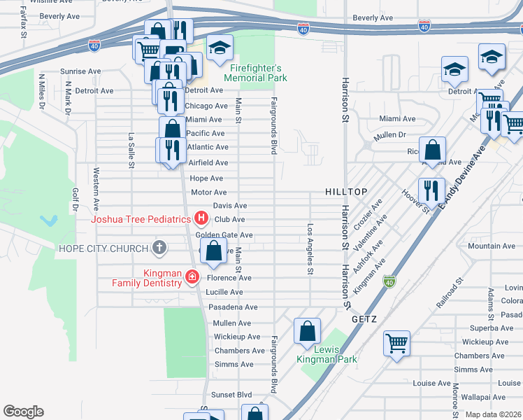 map of restaurants, bars, coffee shops, grocery stores, and more near 2032 Davis Avenue in Kingman