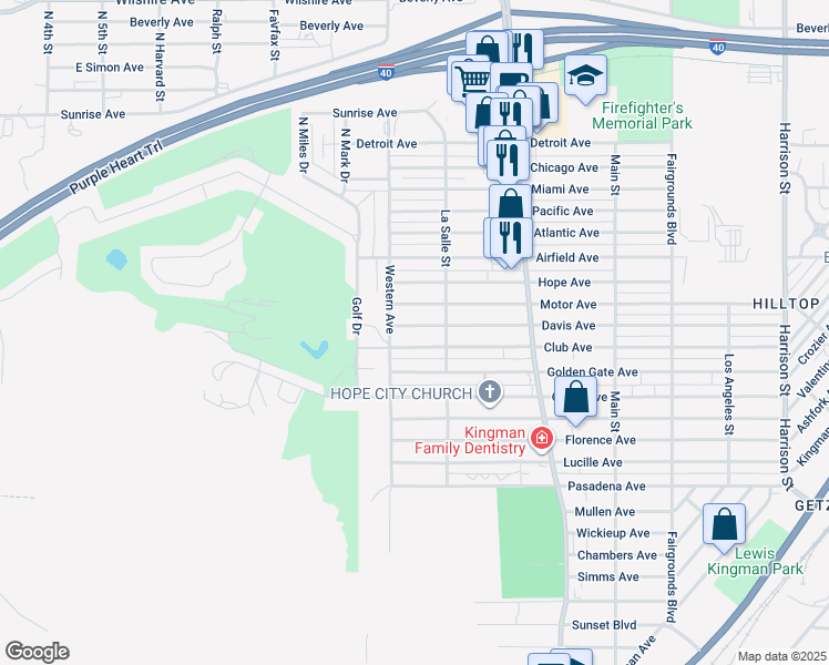 map of restaurants, bars, coffee shops, grocery stores, and more near 1720 Davis Avenue in Kingman