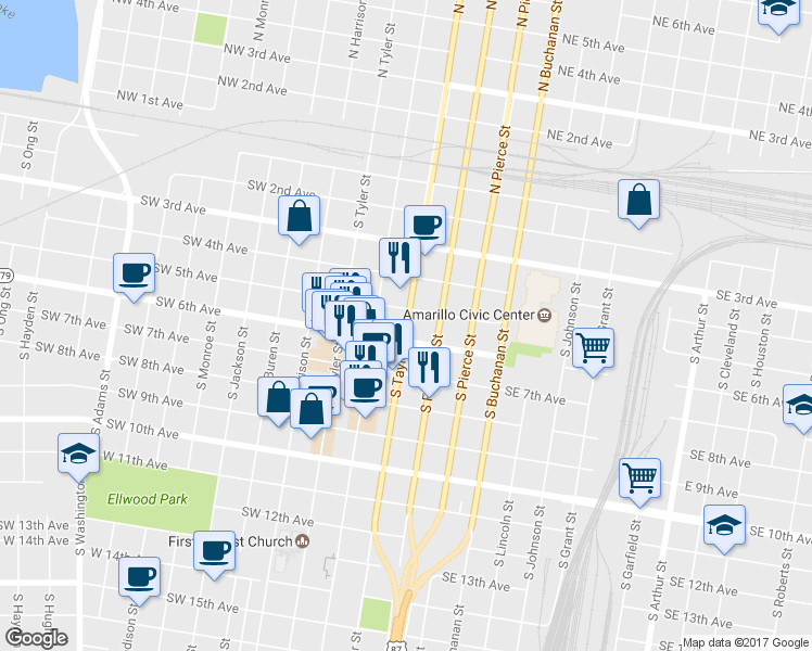 map of restaurants, bars, coffee shops, grocery stores, and more near 501 South Taylor Street in Amarillo